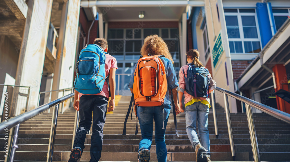 Teenagers with backpacks walking up the steps towards the entrance of their school Teenagers with backpacks walking up the steps towards the entrance of their school