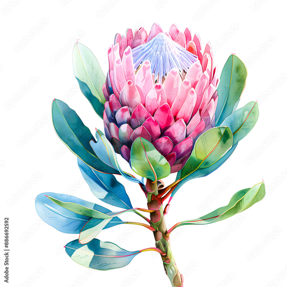 Beautiful close-up of a vibrant pink protea flower with lush green leaves isolated on transparency PNG background, showcasing nature's intricate design and vivid colors. Beautiful close-up of a vibrant pink protea flower with lush green leaves isolated on transparency PNG background, showcasing nature's intricate design and vivid colors.