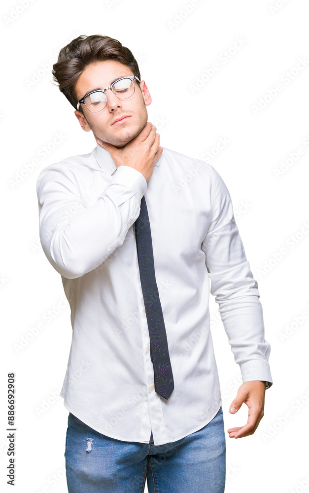 Young business man wearing glasses over isolated background Touching painful neck, sore throat for flu, clod and infection Young business man wearing glasses over isolated background Touching painful neck, sore throat for flu, clod and infection