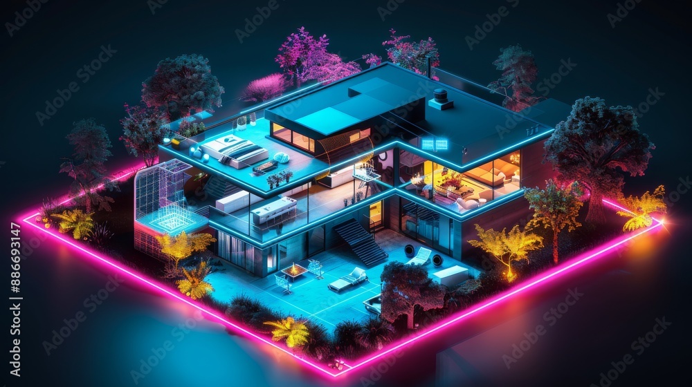 Futuristic neon-lit modern house with a sleek design, surrounded by pink glowing borders, showcasing advanced technology and luxury lifestyle. Concept of futuristic architecture, technology, and innov Futuristic neon-lit modern house with a sleek design, surrounded by pink glowing borders, showcasing advanced technology and luxury lifestyle. Concept of futuristic architecture, technology, and innov