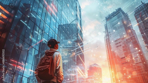 immersed in Objectivist philosophy, depicting a confident and rational individual with a determined expression, standing in a modern cityscape with sleek buildings and industrial progress photo