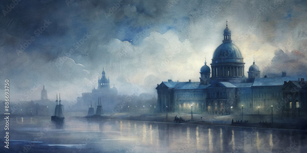 Fototapeta premium A moody, atmospheric painting of Saint Petersburg at dusk, featuring iconic architecture and a misty river. The scene is rich in detail, evoking a sense of history and mystery