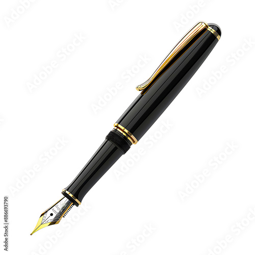 Elegant black fountain pen with gold accents isolated on transparency PNG background, . Perfect for writing, stationary, and office-related stock images. photo