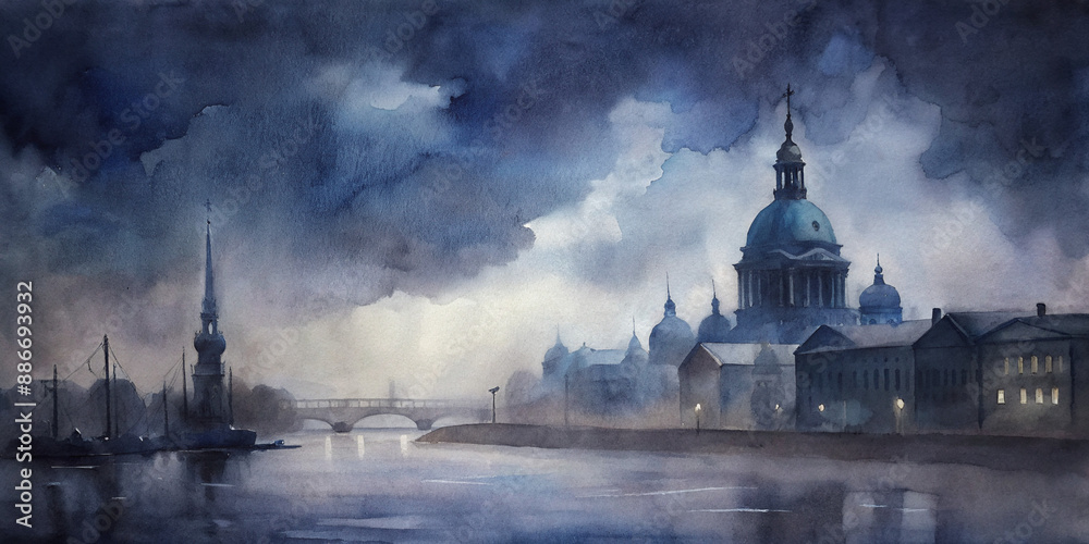 Obraz premium A moody, atmospheric painting of Saint Petersburg at dusk, featuring iconic architecture and a misty river. The scene is rich in detail, evoking a sense of history and mystery
