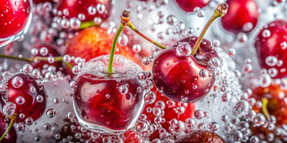 A close-up image of red cherries submerged in a fizzy soda, with bubbles clinging to the surface. The vibrant cherries and sparkling bubbles create a refreshing and appetizing scene A close-up image of red cherries submerged in a fizzy soda, with bubbles clinging to the surface. The vibrant cherries and sparkling bubbles create a refreshing and appetizing scene