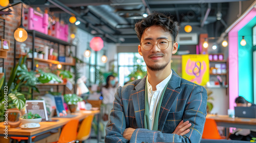 A confident young professional with glasses and a stylish suit stands with arms crossed in a vibrant, modern office setting