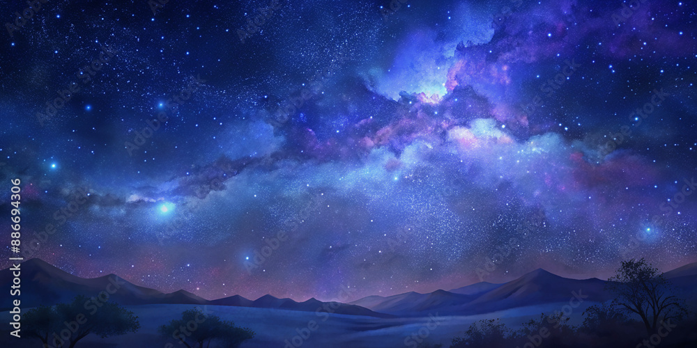 Fototapeta premium A breathtaking view of a starry night sky filled with countless stars and a hint of the Milky Way. The dark sky is dotted with bright stars, creating a serene and magical atmosphere