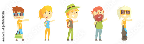People Character Standing and Hitchhiking Catching Car Vector Set