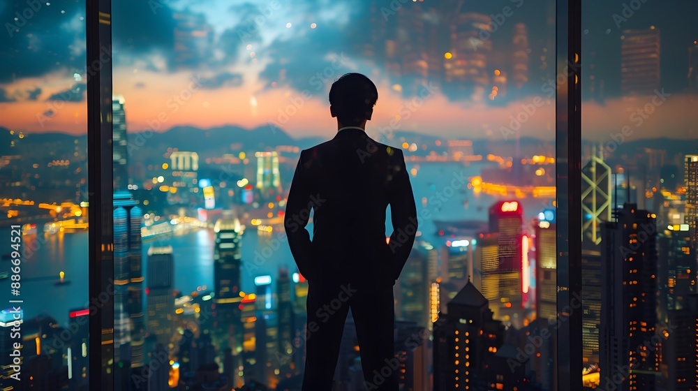 Successful Business Executive Gazing at Illuminated Urban Skyline Thoughtful and Ambitious Successful Business Executive Gazing at Illuminated Urban Skyline Thoughtful and Ambitious