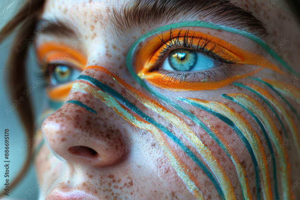 Naklejka premium A surreal composition of a girl with her face covered in colorful, swirling lines, applying green eyeshadow,