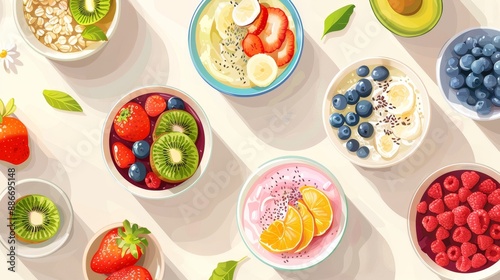 Fresh and Vibrant Breakfast Spread Colorful Smoothie Bowl Nutritious Oatmeal and Fresh Fruit on Light Background Healthy Eating Concept