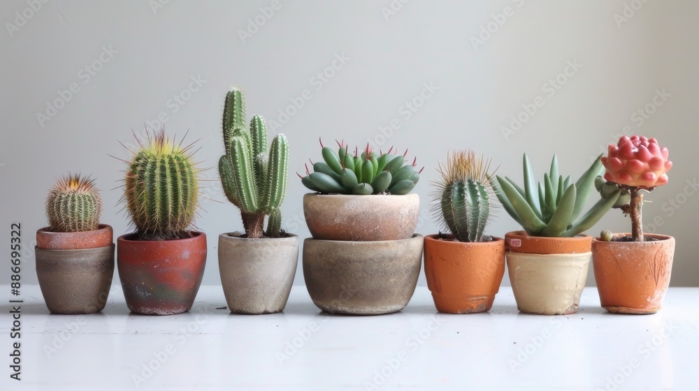 Mini cacti in small pots on a white table Mini cacti in small pots on a white table