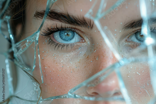 A girl with a monobrow, her face reflected in a shattered mirror, creating fragmented, surreal reflections, on a light gray background,