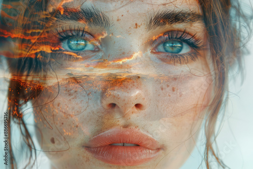 An abstract composition of a girl with a monobrow, her face merging with a watercolor landscape, set against a plain white backdrop,