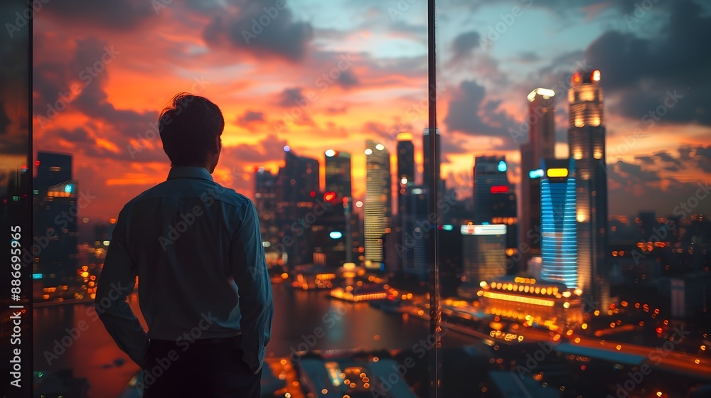 Successful Business Executive Reflecting on City Skyline at Sunset Successful Business Executive Reflecting on City Skyline at Sunset