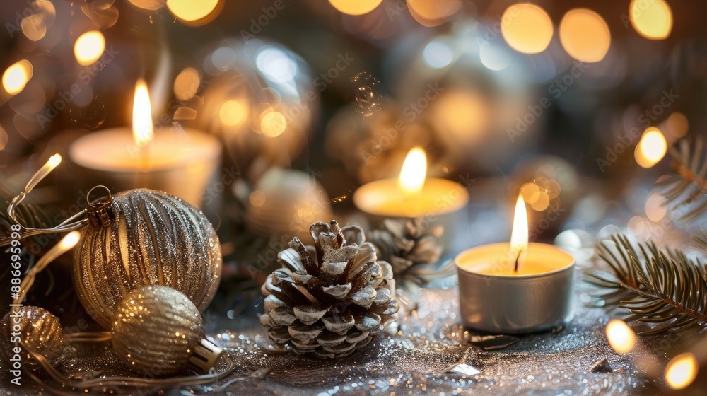 New Year decorations with burning candles New Year decorations with burning candles