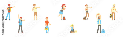 People Character Standing and Hitchhiking Catching Car Vector Set