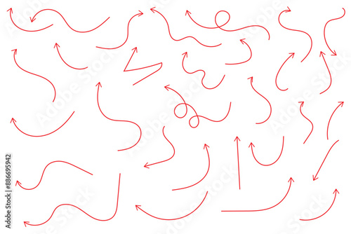 Hand drawn thin line arrows set. Many vector curvy and wavy arrows isolated on white background.