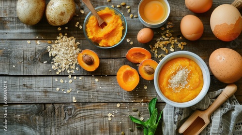 Nutritious Breakfast pumpkin puree apricots muesli eggs veggies Healthy eating idea