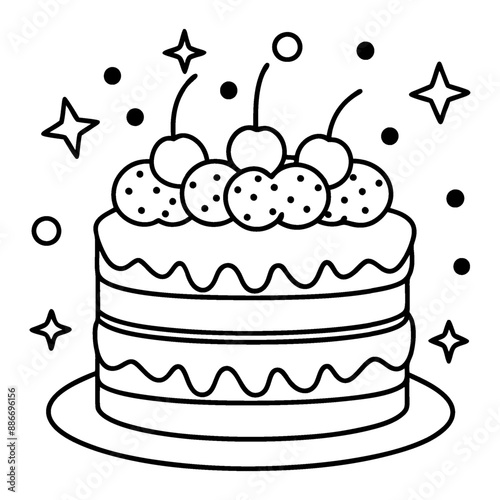 A fanciful, multi-layered cake coloring page in black and white lines.