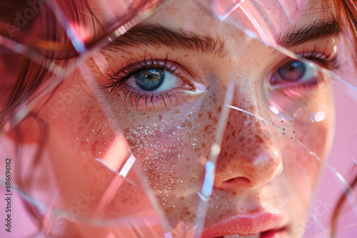 A girl with a monobrow, her face reflected in multiple mirrors, creating fragmented, surreal reflections, against a light pink backdrop,