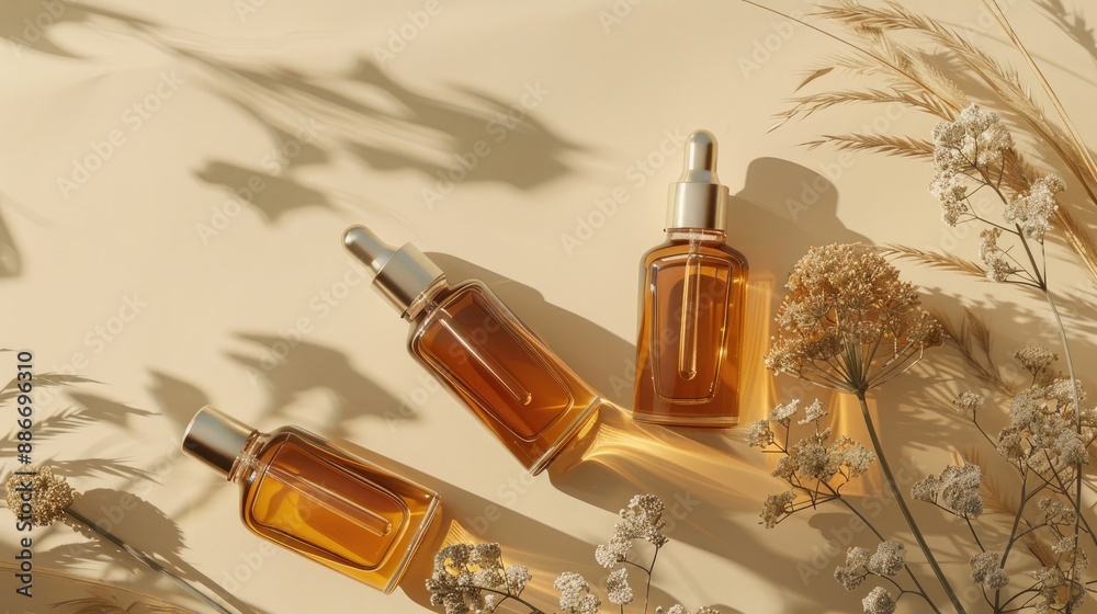 Fototapeta premium Organic facial and body oil on beige backdrop