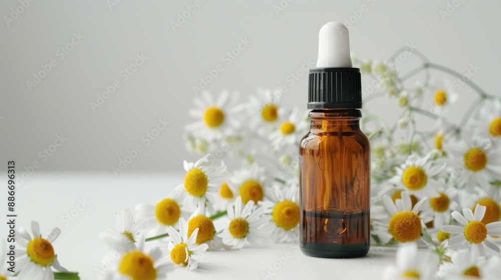 Organic natural cosmetics concept Brown glass bottle of essential oil and chamomile on white background Organic natural cosmetics concept Brown glass bottle of essential oil and chamomile on white background