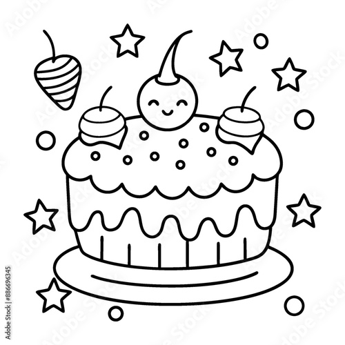 A fanciful, multi-layered cake coloring page in black and white lines.