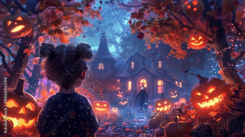 Fototapeta premium A child looking at a spooky house decorated with glowing jack-o'-lanterns and autumn leaves during a misty Halloween night.