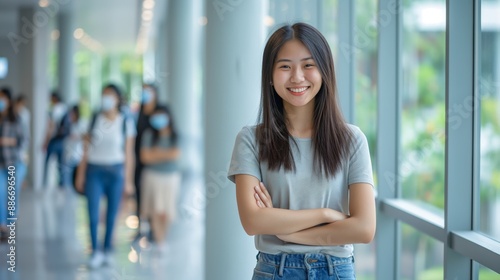 Free Download Southeast Asian Female Student Smiling and Standing in a Modern Educational Building - GFXLoad