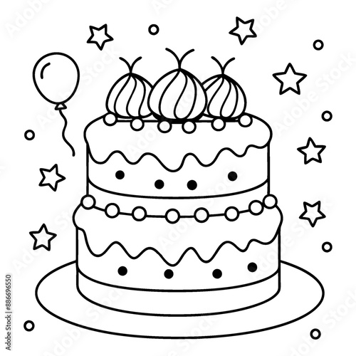 A fanciful, multi-layered cake coloring page in black and white lines.