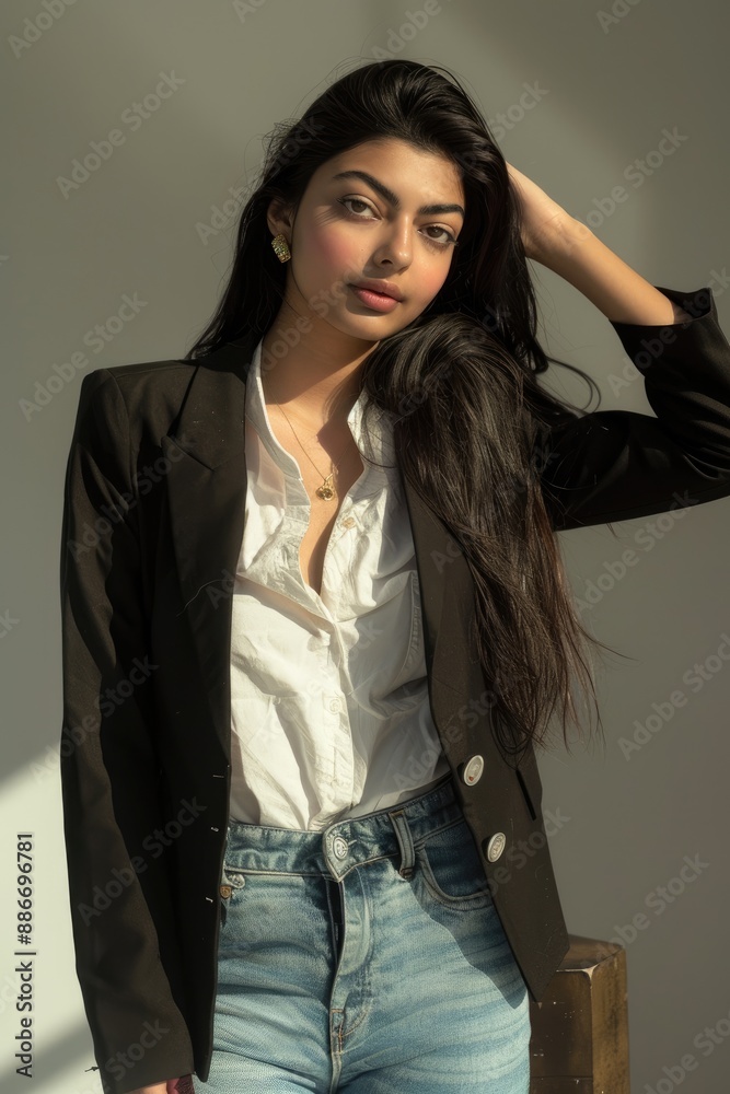 Young fresh beauty Indian woman in a black jacket and white shirt poses for a photo. Young fresh beauty Indian woman in a black jacket and white shirt poses for a photo.
