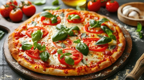 Pizza with tomato based vegetable sauces on a food background