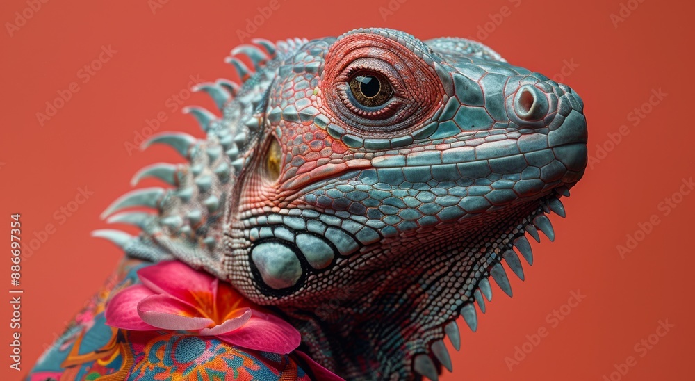 Fototapeta premium Pop art lizard portrait in floral jacket on pink backdrop