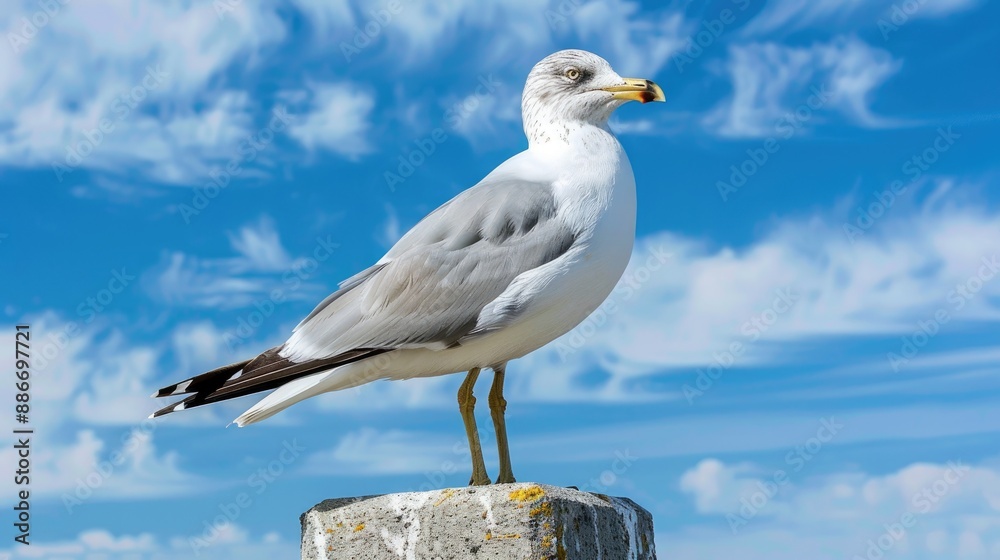 Ring billed gull sitting on concrete post in front of blue sky with light clouds Ring billed gull sitting on concrete post in front of blue sky with light clouds