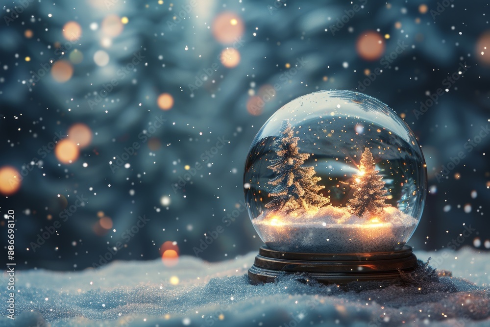 Christmas card with glass snow globe, snowflakes and fir trees. Beautiful background for your computer. New Year souvenir. Snow inside a glass ball. Copy space. Christmas card with glass snow globe, snowflakes and fir trees. Beautiful background for your computer. New Year souvenir. Snow inside a glass ball. Copy space.