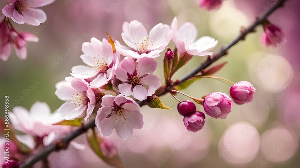 Obraz premium Delicate beauty of cherry blossoms in full bloom against a blurred background