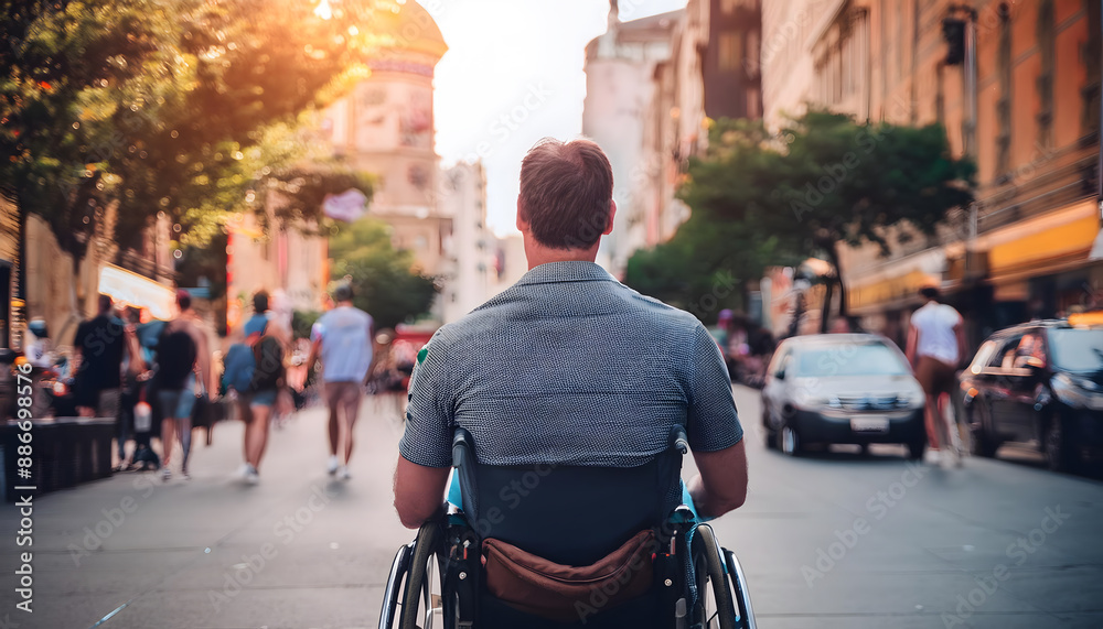Obraz premium A disabled person in a wheelchair lives a happy life in the city.