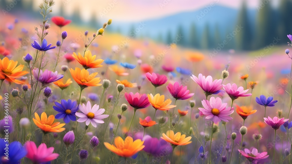 A vibrant meadow of colorful wildflowers in full bloom under the warm sunlight A vibrant meadow of colorful wildflowers in full bloom under the warm sunlight