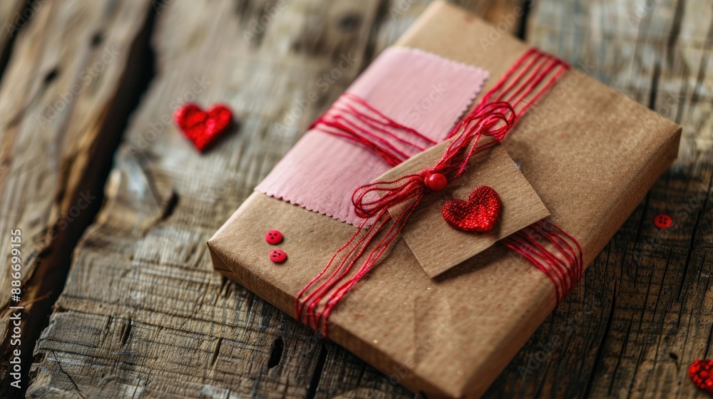 Handmade red and pink gift card with heart and message on wooden table for various occasions Handmade red and pink gift card with heart and message on wooden table for various occasions