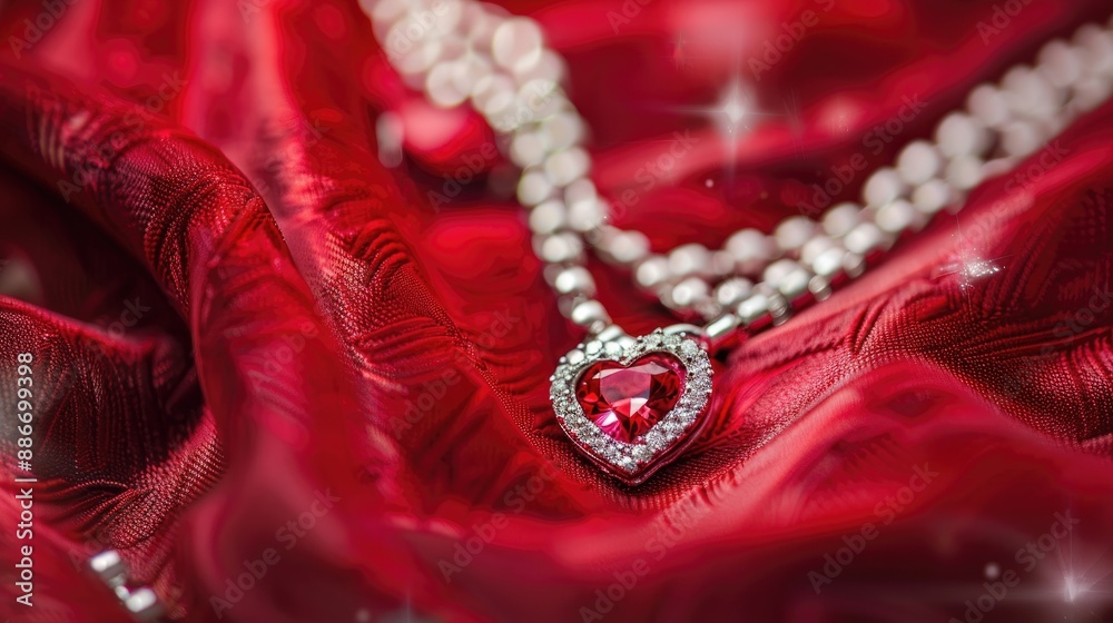 Heart shaped wedding jewelry photographed on red velvet background Heart shaped wedding jewelry photographed on red velvet background