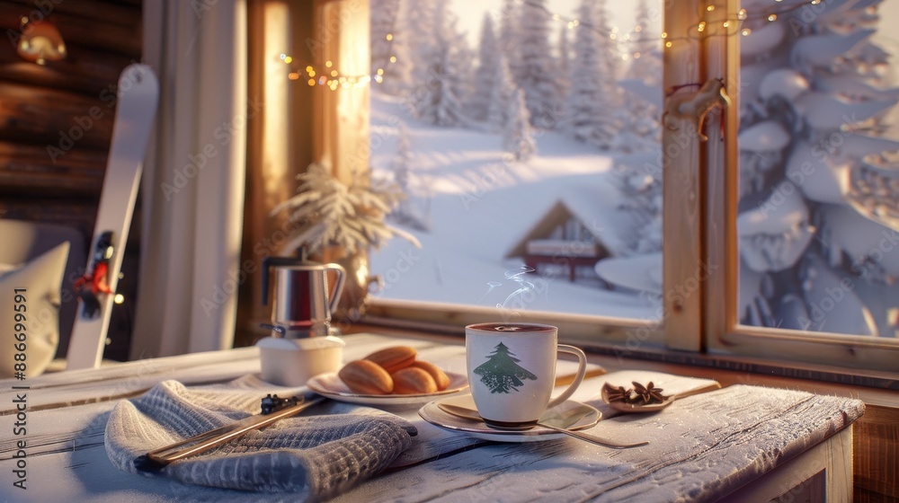 Fototapeta premium Winter Wonderland Cozy Ski Lodge Escape with Hot Chocolate and Snowy Views