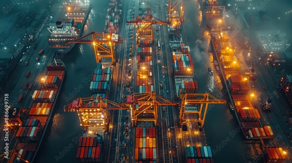 Obraz premium Aerial view of a busy shipping port with cargo ships being loaded and unloaded