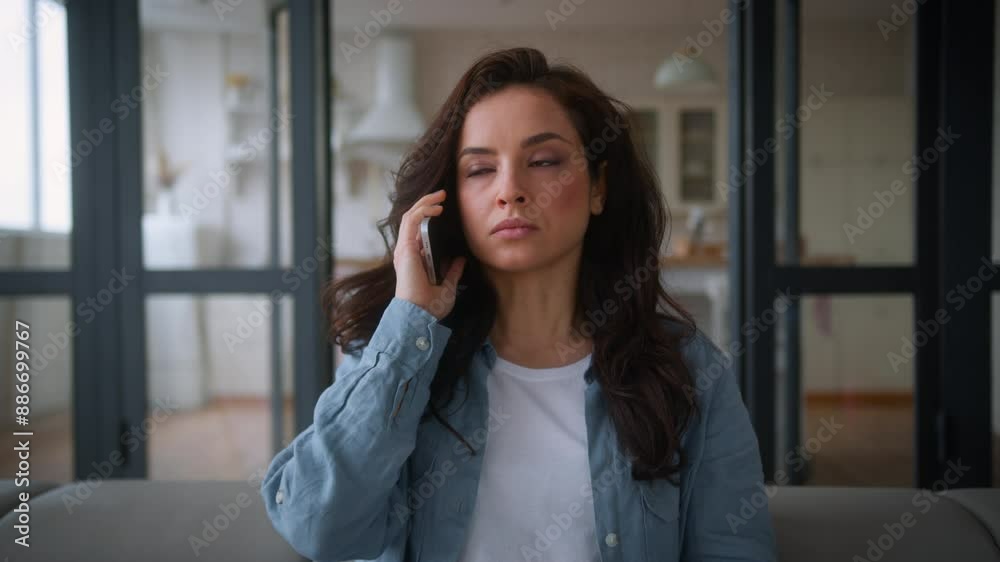 Caucasian woman stop talking unpleasant conversation call mobile phone finish girl female lady close eyes sitting lotus position meditate meditation at home sofa peace calm meditating zen calming mind Caucasian woman stop talking unpleasant conversation call mobile phone finish girl female lady close eyes sitting lotus position meditate meditation at home sofa peace calm meditating zen calming mind