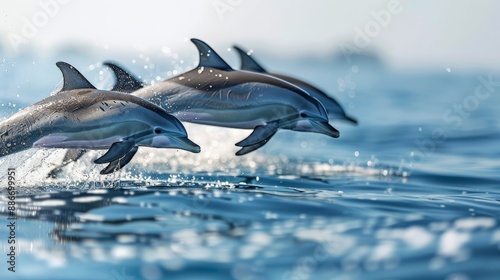 A group of dolphins leaping out of the ocean, with clear blue water and a bright sky © Lakkhana