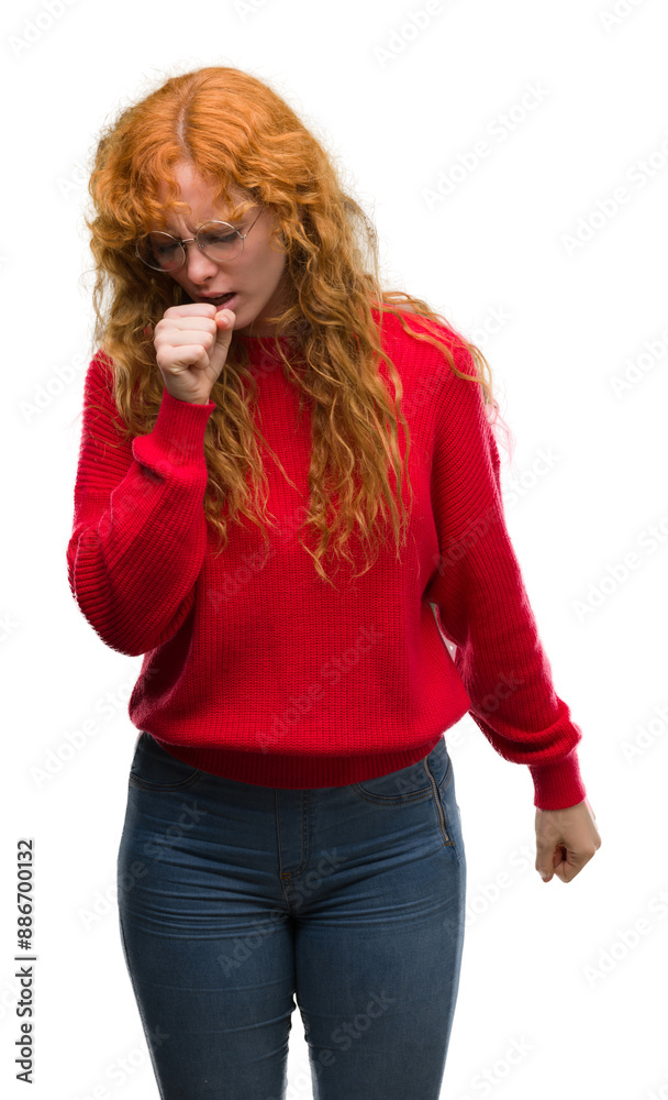 Young redhead woman wearing red sweater feeling unwell and coughing as symptom for cold or bronchitis. Healthcare concept. Young redhead woman wearing red sweater feeling unwell and coughing as symptom for cold or bronchitis. Healthcare concept.