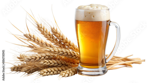 A glass of beer with foam, bubbles and wheats, showing a cold refreshing drink