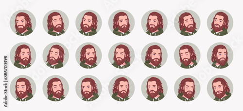 Long haired bearded handsome man, cute male avatar business portrait set, different feelings bundle, emotions face icons, player character mood pic circles, guy facial expression. Vector illustration