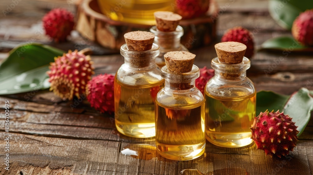 Litchi oil in glass bottles on wooden background for natural beauty care Litchi oil in glass bottles on wooden background for natural beauty care