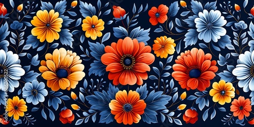 A Mexican pattern featuring vibrant floral motifs and intricate geometric shapes, bright colors, detailed textures, fine lines, cultural heritage, seamless design, hd quality.